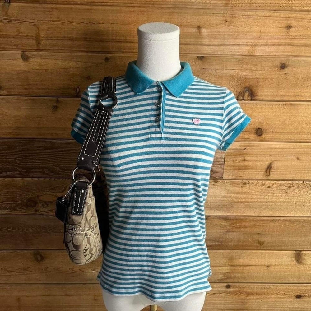 Vintage Y2K Aeropostale blue striped polo shirt with heart